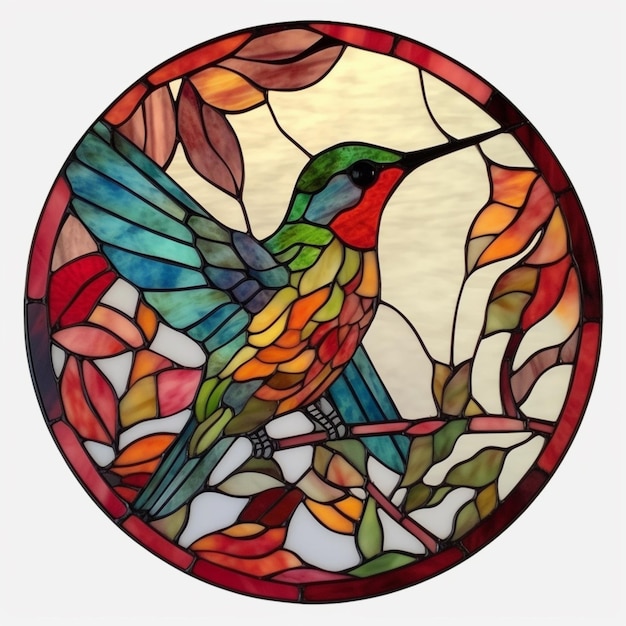 A stained glass piece with a hummingbird on it