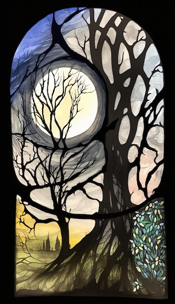 Photo a stained glass piece with a moon and trees in the background.