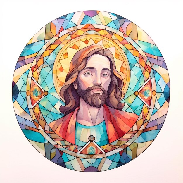 A stained glass portrait of jesus with the word jesus on it