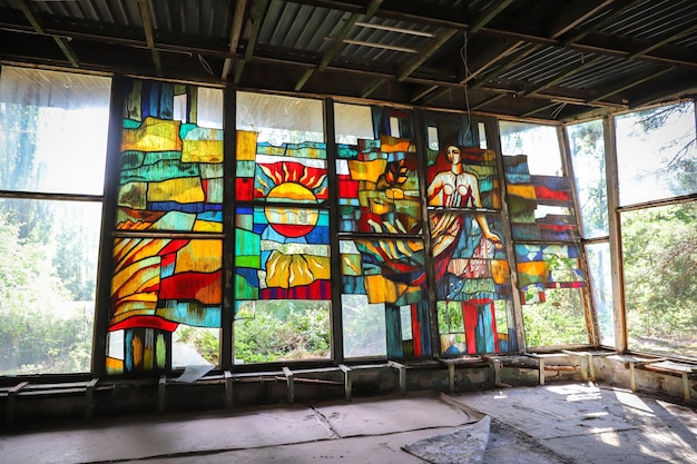 Stained Glass in Pripyat Cafe in Chernobyl Exclusion Zone Ukraine