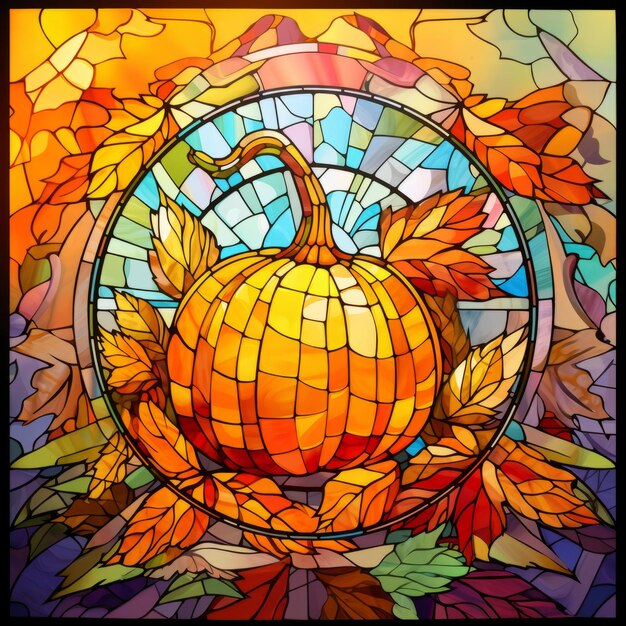 Stained glass pumpkin and autumn leaves background bright