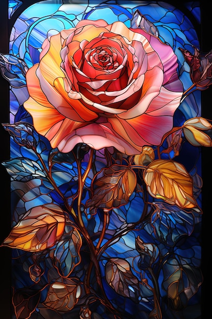 A stained glass rose is shown in a photo.