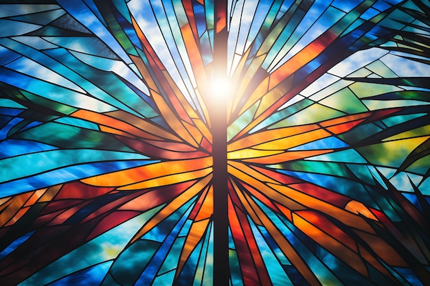 ステンド グラス神聖な十字架とヤシの葉のステンド グラス風の十字架ヤシの日曜日の写真クリスチャン アート