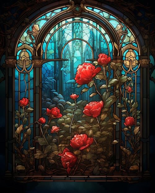 Stained Glass Screen With Some Red Flowers