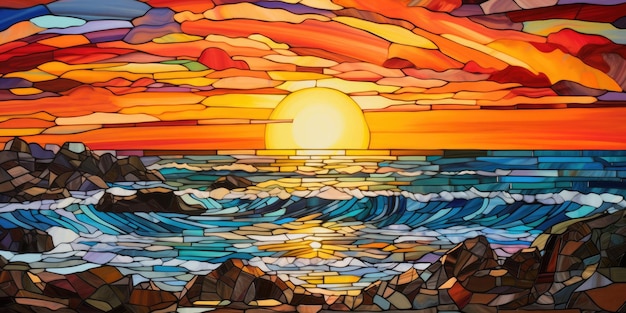Stained Glass Sunset Over a Beach Embrace the Beauty of a Vibrant Sunset Painting the Ocean w