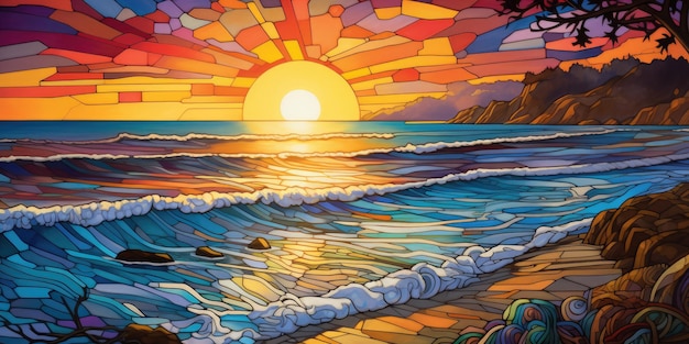 Stained Glass Sunset Over a Beach Embrace the Beauty of a Vibrant Sunset Painting the Ocean w