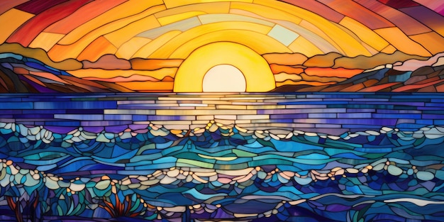 Stained Glass Sunset Over a Beach Embrace the Beauty of a Vibrant Sunset Painting the Ocean w