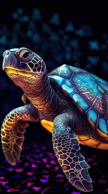 Stained Glass Turtle on Dark Background Generative AI