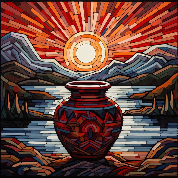 a stained glass vase with the sun shining on it