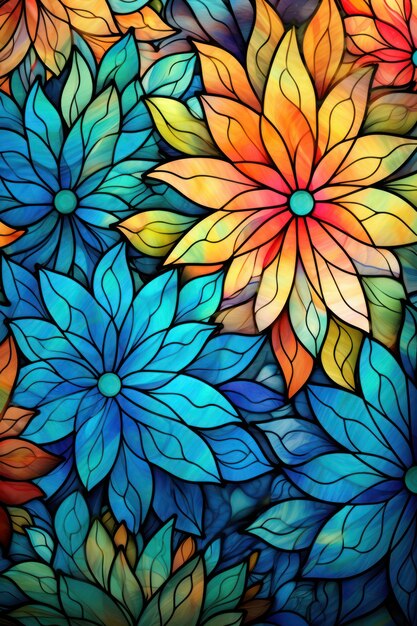 Stained glass wallpaper with floral patterns and bright colors