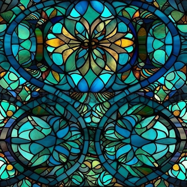 A stained glass window in a church with a blue background.