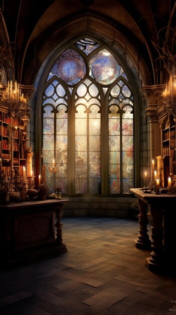 A stained glass window in a church with a view of the moon.