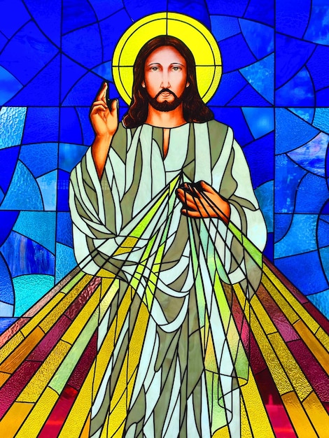 Photo stained glass window depicting jesus christ blessing