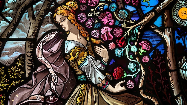 Photo stained glass window depicting a woman with long flowing hair kneeling in prayer with flowers and vines growing around her