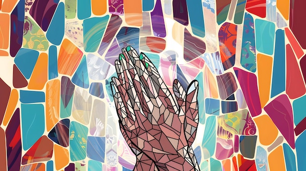 스테인드 글래스 창문 은 기도 하는 손 들 을 다채로운 모자이크 로 묘사 하고 있다