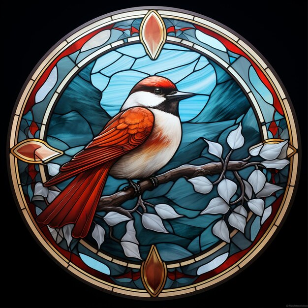 Stained Glass Window Features Bird With Red