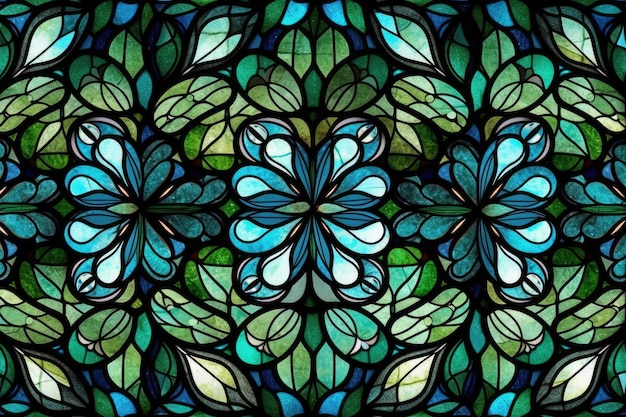 Stained glass window featuring blue and green flowers