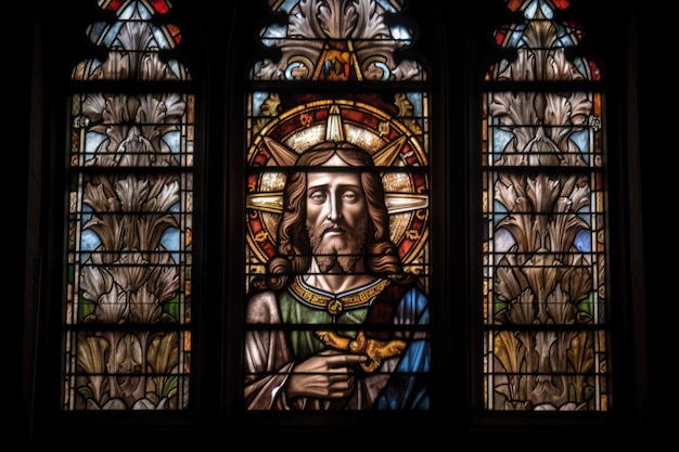 生成 AI で作成された中世の教会のイエスの顔を描いたステンド グラスの窓