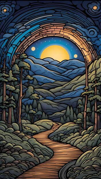 a stained glass window in the forest at night