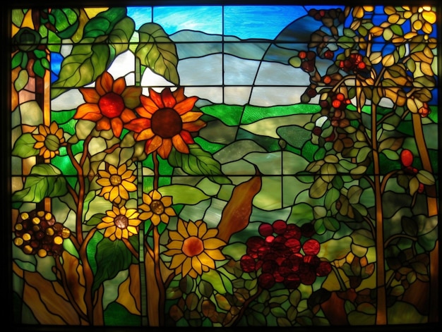 A stained glass window has a sunflower and a blue sky in the background.