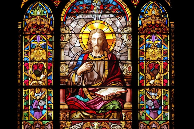 A stained glass window of jesus reading a book.