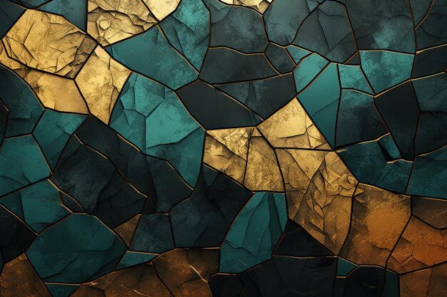 Stained glass window made of tiles of different shapes in gold and emerald colors luxury background