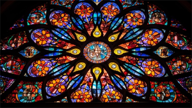 stained glass window in notre dame cathedral paris france