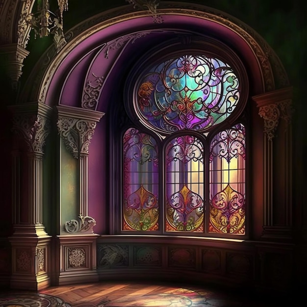 A stained glass window in a room with a large window.