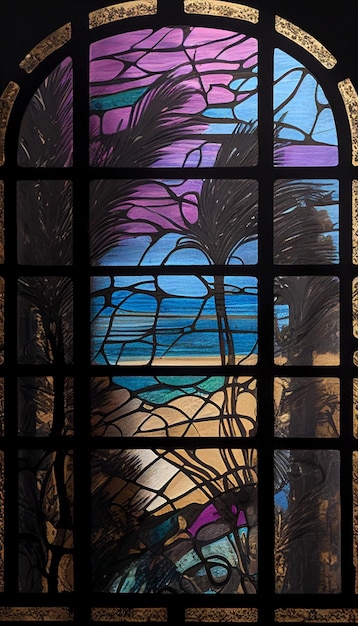 A stained glass window with a beach scene in the background.