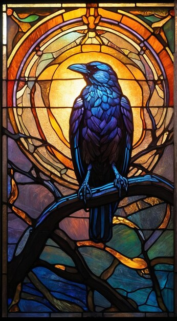 a stained glass window with a bird on it