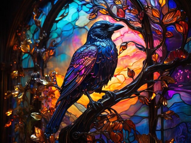 a stained glass window with a bird on it