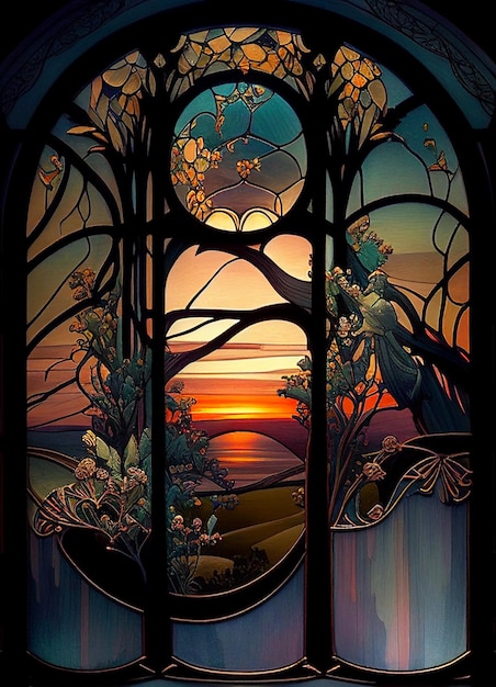 A stained glass window with a bird on it