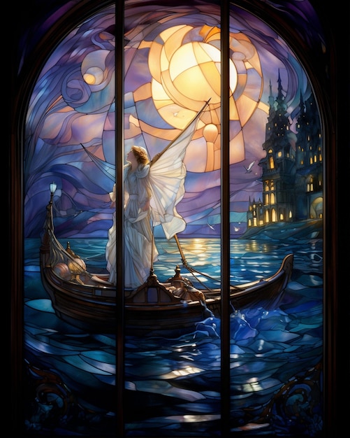 Stained Glass Window With Boat And Moon