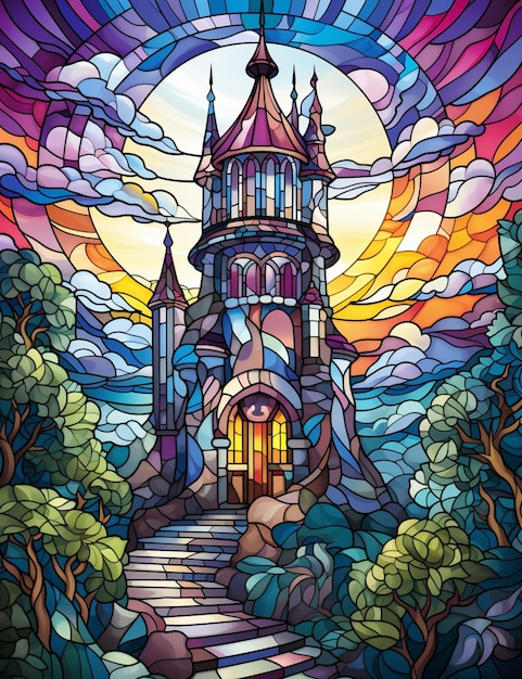 A stained glass window with a castle in the middle generative ai