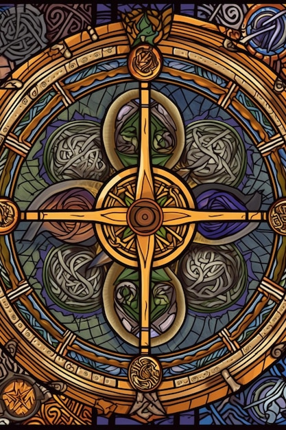 A stained glass window with the celtic symbols on it.