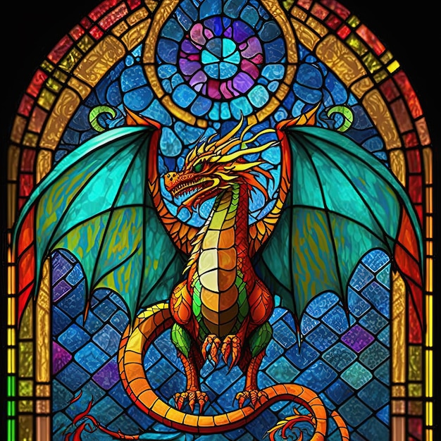 Stained glass window with colorful dragon Generative AI