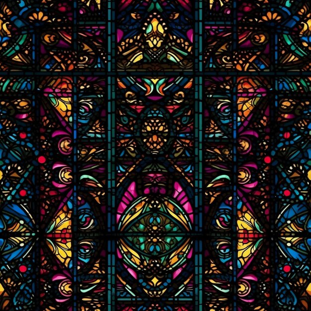 A stained glass window with a colorful pattern in the middle.