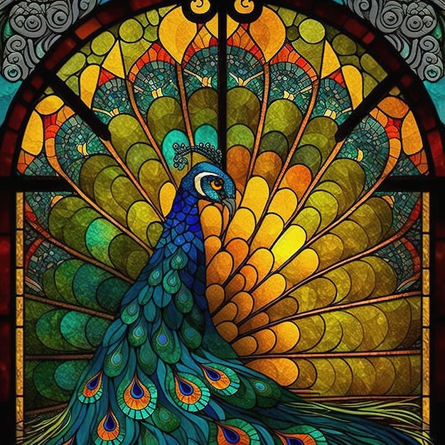 Stained glass window with colorful peacock Generative AI Not based on any actual scene or pattern