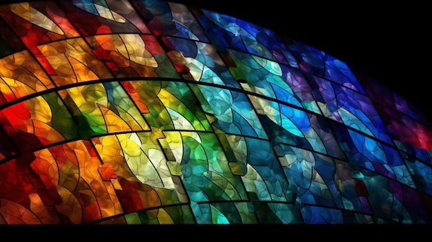 A stained glass window with the colors of the rainbow.
