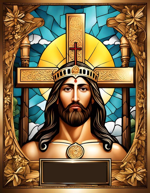 예수 의 십자가 와 왕관 이 있는 스테인드 글래스 창문