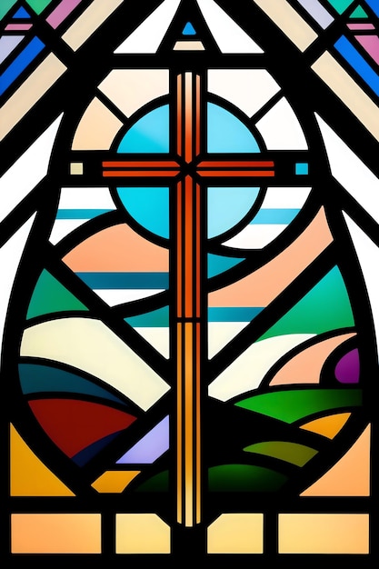 A stained glass window with a cross and the sun in the background.