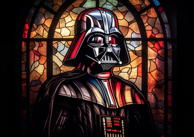 A stained glass window with a darth vader character in it.