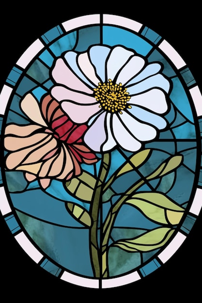 A stained glass window with a flower in the center.