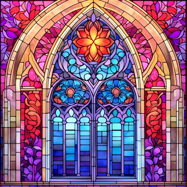 A stained glass window with a flower design