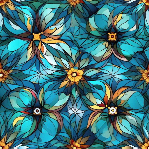 stained glass window with flowers in blue, yellow and orange.