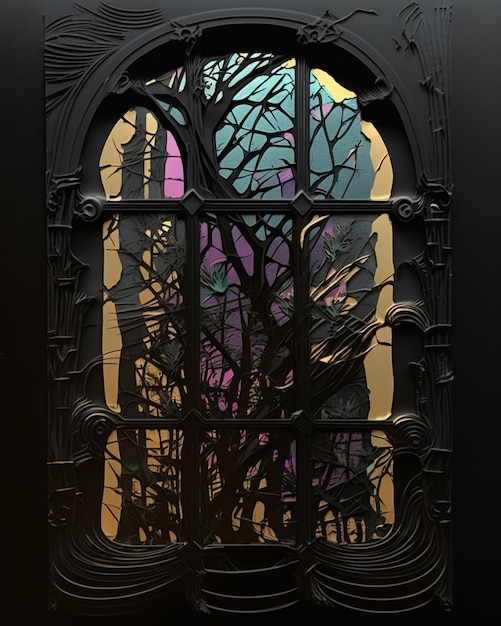 A stained glass window with a forest scene in the background.
