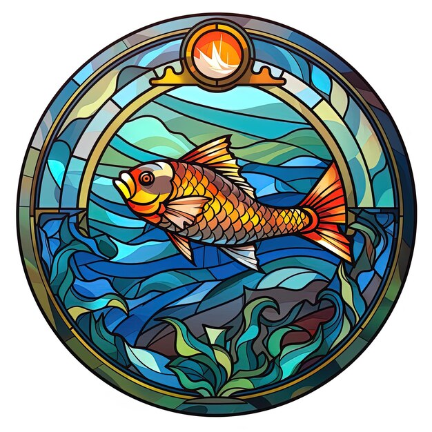 Photo a stained glass window with a gold fish in it