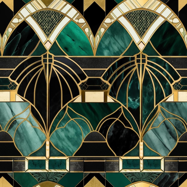 A stained glass window with green and gold accents.