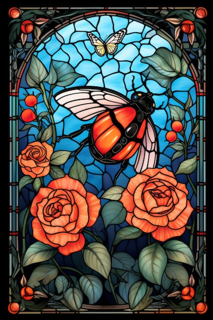 a stained glass window with a ladybug and roses