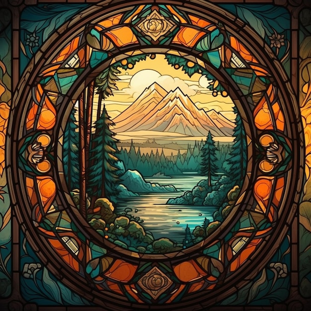 A stained glass window with a mountain and a lake in the foreground.